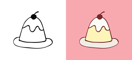 hand-drawn pudding on a plate with cream and cherry topping,Includes both black line art and colored versions on a pastel background. creating a sweet dessert icon ready for various digital designs