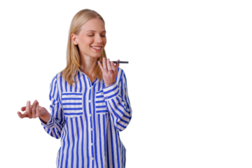 Woman sending voice message on smartphone, communicating, smiling, using modern technology, feeling happy, transparent background