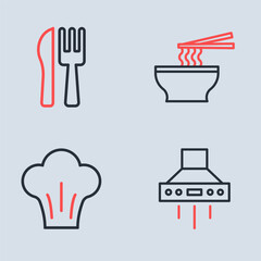 Set line Asian noodles in bowl, Chef hat, Kitchen extractor fan and Crossed knife and fork icon. Vector