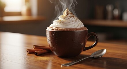 Hot chocolate with whipped cream and cinnamon on wooden table  