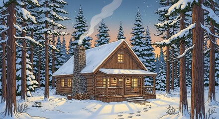 Cozy log cabin surrounded by snow-covered trees at sunset  