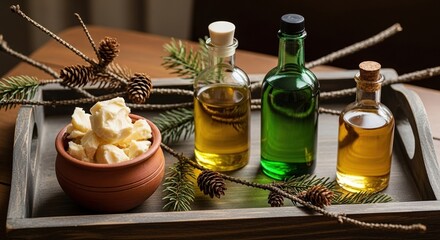 Olive oil and butter in clay bowl with pine branches on tray  
