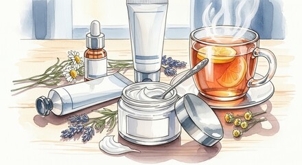 Herbal skincare products and a cup of tea on wooden table  
