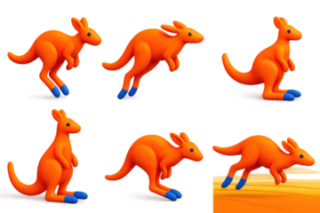 Series of six orange kangaroos jumping in the air
