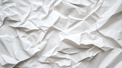 Fototapeta premium Crumpled paper in a pure white hue fills the image, creating a textured background. The paper is full of ridges, folds, and shadows, giving it a three-dimensional appearance.