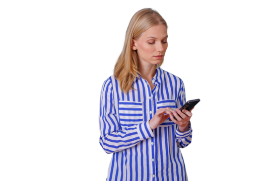 Blonde woman wearing a striped shirt, holding a smartphone, looking down and interacting with the screen. Transparent background