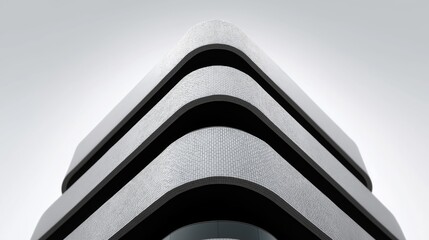 Striking black and white architectural photograph focusing on the rounded corner of a modern building facade with three receding, textured tiled floors. Minimalist and geometric.