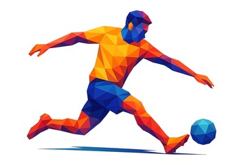 Stylized polygonal illustration of a soccer player lunging to kick a ball. The design features geometric shapes in vibrant yellow, red, and blue tones, white background