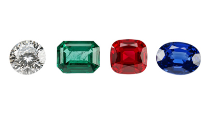 A vibrant set of the four most popular precious gemstones including a diamond, emerald, ruby, and sapphire, each with a different cut, isolated on a white background
