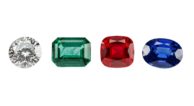 A vibrant set of the four most popular precious gemstones including a diamond, emerald, ruby, and sapphire, each with a different cut, isolated on a white background