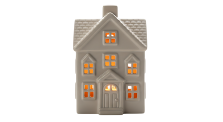 Charming gray ceramic house with warm light glowing from the windows, a cozy home decor accent piece or nightlight isolated on a white background