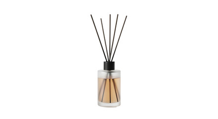Elegant home fragrance reed diffuser with natural sticks in a glass bottle of aromatic oil for relaxation and aromatherapy, isolated on a white background