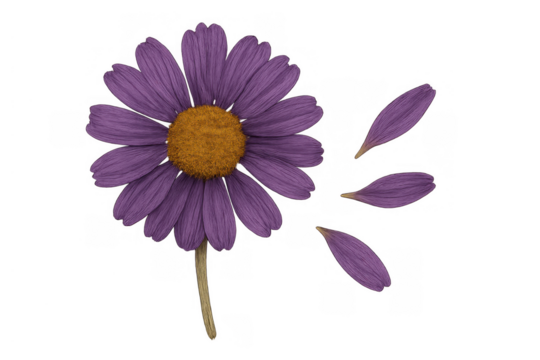 Purple daisy flower losing petals on a transparent background, symbolizing fragility, love, and emotional moments