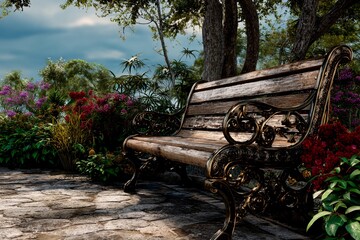 A rustic wooden bench sits peacefully in a lush garden filled with colorful flowers, under a partly cloudy sky during early evening. The setting offers a tranquil escape in nature
