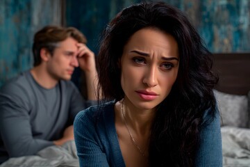 A man and woman sit on a bed in a dimly lit bedroom, both experiencing emotional tension. The woman appears worried, while the man looks distressed, indicating a deep conversation