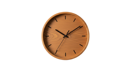 A simple round wooden wall clock with black hands and markers showing the time as ten past ten, isolated on a clean white background studio shot