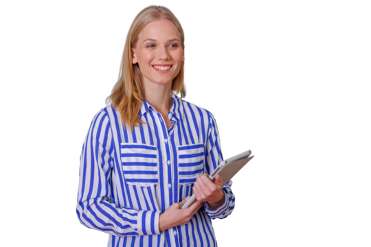 Young blonde businesswoman holding a tablet, smiling, and looking confident, representing technology, corporate success, and modern work - Powered by Adobe