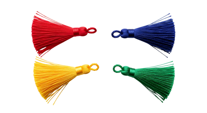 A vibrant collection of four colorful decorative tassels in red, blue, yellow, and green, isolated on a clean white background for crafting and design projects