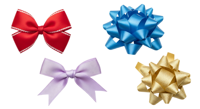 Vibrant collection of festive gift bows in red, blue, purple, and gold, isolated on a white background for holiday and celebration designs