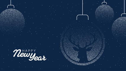 Happy New Year message on dark blue background with decorative Christmas ball design and reindeer silhouette for holiday greeting card.