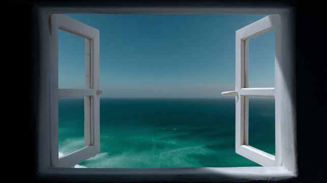 Fototapeta Serene view of the expansive open ocean and a clear blue sky seen through a whitewashed, open window frame, creating a contrast with the dark interior.