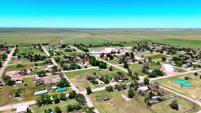 Aerial landscape of small rural desert town in summer historic US route 66 San Jon New Mexico NM