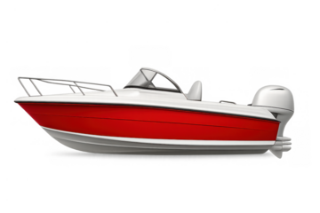 Red and white motorboat with outboard engine, powerboat cut out for aquatic leisure, speed, and recreation