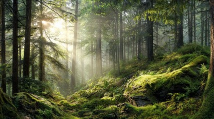 Obraz premium Harmony with Nature — Sun Rays in a Dense Forest