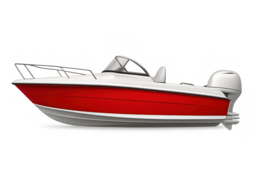 Red and white motorboat with outboard engine, powerboat cut out for aquatic leisure, speed, and recreation - Powered by Adobe