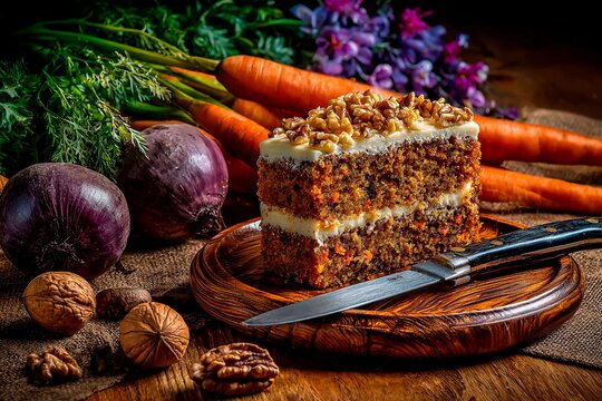 A slice of moist carrot cake topped with walnuts sits on a wooden plate. Surrounding the cake are fresh carrots, red onions, and whole walnuts, showcasing ingredients