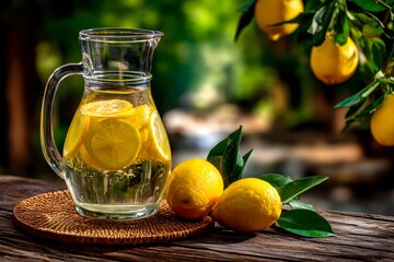 A clear glass pitcher filled with lemon water sits on a wooden table. Fresh lemon slices float inside, while vibrant lemons and green leaves rest beside it