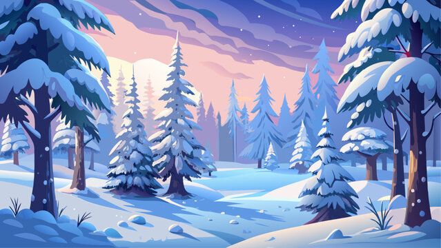 Very beautiful frosty winter landscape in a snowy forest with tall fir trees covered in white snow, creating a peaceful Christmas background and serene seasonal atmosphere.