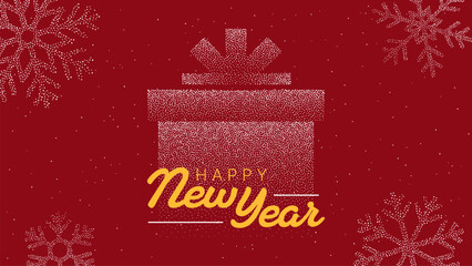 Obraz premium Dotted gift box and snowflake decoration with happy new year text on red background for holiday greeting card.