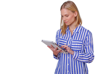 Woman working with tablet, using digital technology for business communication, having clear transparent background