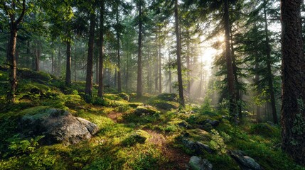 Naklejka premium Harmony with Nature — Sun Rays in a Dense Forest