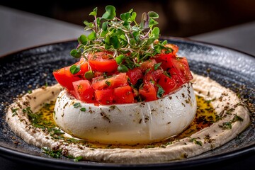 Burrata cheese topped with diced fresh tomatoes, drizzled with olive oil and sprinkled with herbs is elegantly presented on a dark plate in a modern dining setting