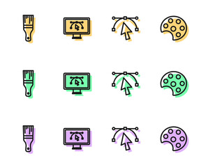 Set line Bezier curve, Paint brush, Computer with design program and Palette icon. Vector