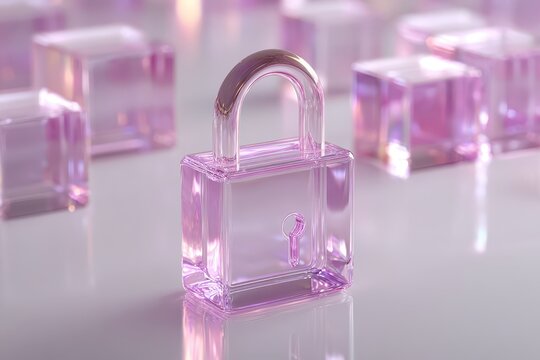 A sleek translucent purple glass padlock stands prominently, symbolizing robust digital security and data protection.