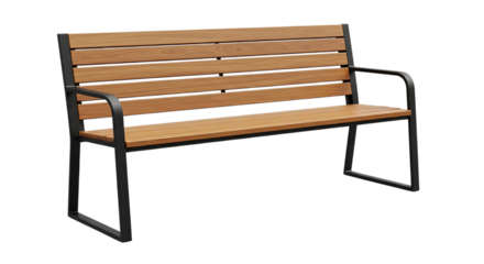 Modern wooden slatted park bench with dark metal frame, cutout, PNG isolated on white or transparent background