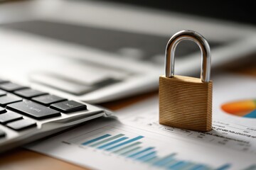 A metallic padlock stands on business documents, symbolizing data security and digital protection on a modern laptop desk.