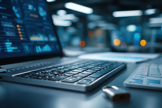 Laptop displaying data analytics, charts, and padlock for secure insights.