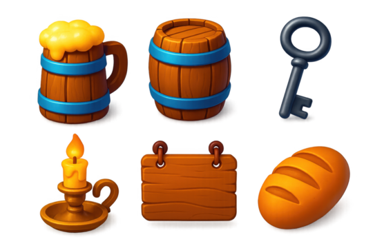 Set of icons for a game or app, including a candle, a mug, a barrel, a key