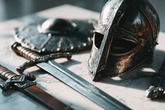 A striking close-up of a weathered knight's helmet, sword, and shield on marble. - Powered by Adobe