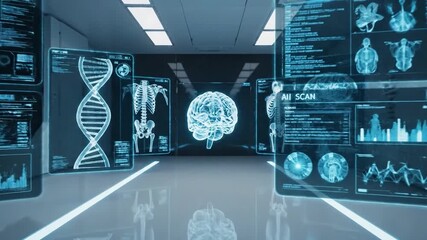 A futuristic medical diagnostic imaging room with DNA helix and brain scan displays on screens. Perfect for medical presentations, healthcare technology, and educational materials. - Powered by Adobe