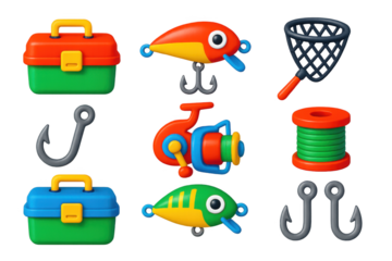 Collection of fishing gear, including a tackle box, a fishing rod, and a net