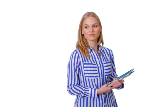 Blonde woman wearing striped shirt, standing confidently while holding a digital tablet. Transparent background