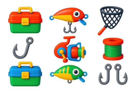 Collection of fishing gear, including a tackle box, a fishing rod, and a net