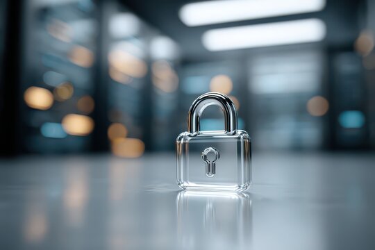Glass-like padlock symbolizing digital security, data protection, and privacy.