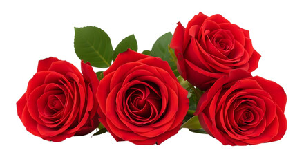 Obraz premium Five vibrant red roses with green leaves arranged closely together, cutout, PNG isolated on white or transparent background