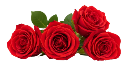 Five vibrant red roses with green leaves arranged closely together, cutout, PNG isolated on white or transparent background